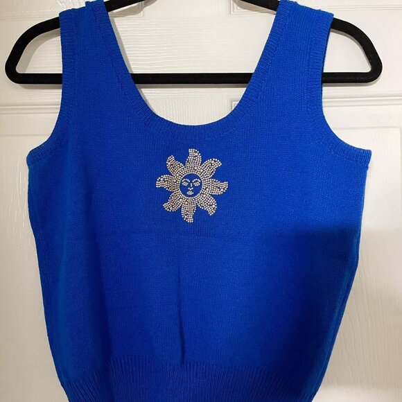 St. John Santana Knit Royal Blue Gold Studded Sleeveless Shell Tank Top Sz S - Picture 1 of 4
